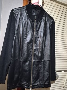 Women's Black Leather Bomber Jacket with Knit Sleeves